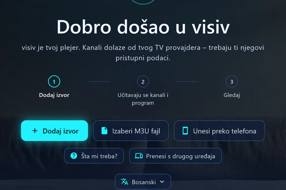 Dobro došli u visiv: tri koraka – dodaj izvor, učitavaju se kanali i program, gledaj.