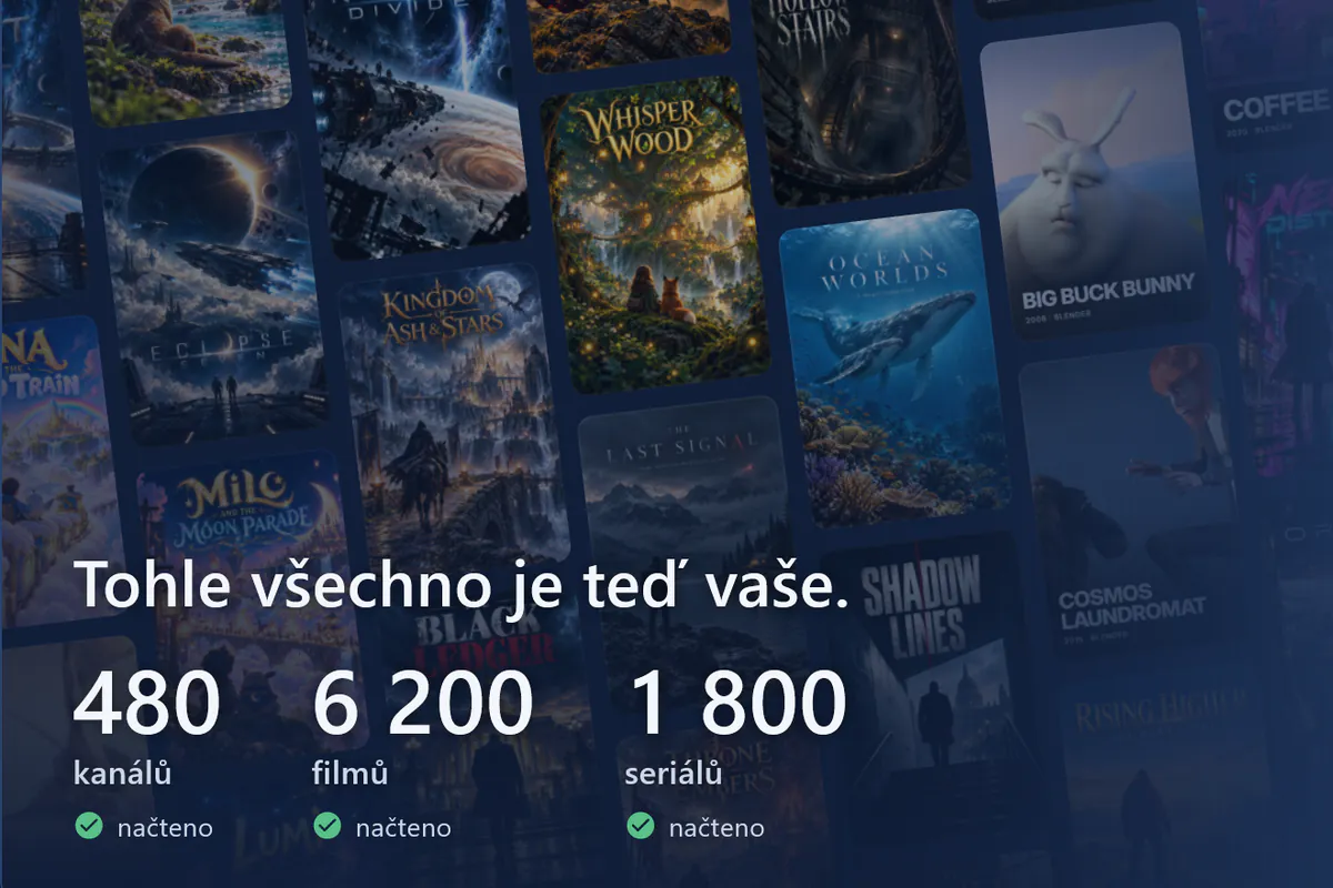 visiv je připravený: stěna s plakáty, načteno 480 kanálů, 6200 filmů a 1800 seriálů (demo zdroj).