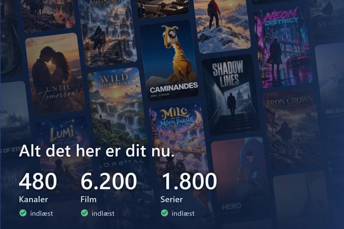 Dit visiv er klar: væg med plakater, 480 kanaler, 6200 film og 1800 serier indlæst (demokilde).