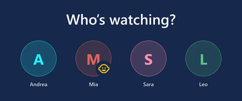 visiv on start: “Who’s watching?” with four profiles – Andrea, Mia (kids profile), Sara and Leo.