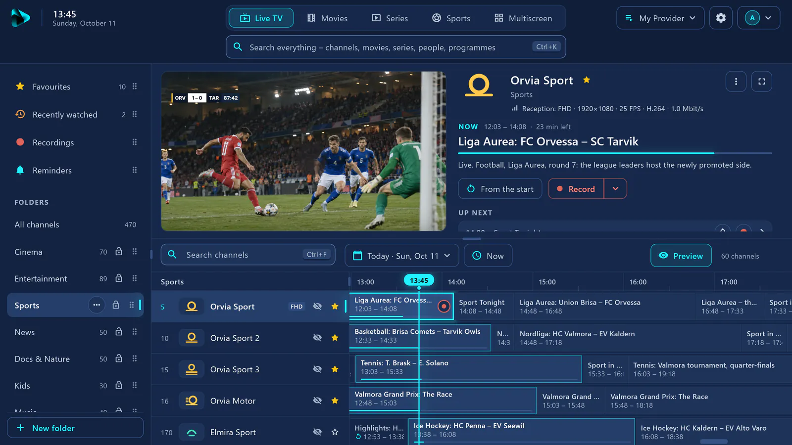 Live TV in visiv: Sport folder with a football match running in the preview, below it the guide for the sports channels.