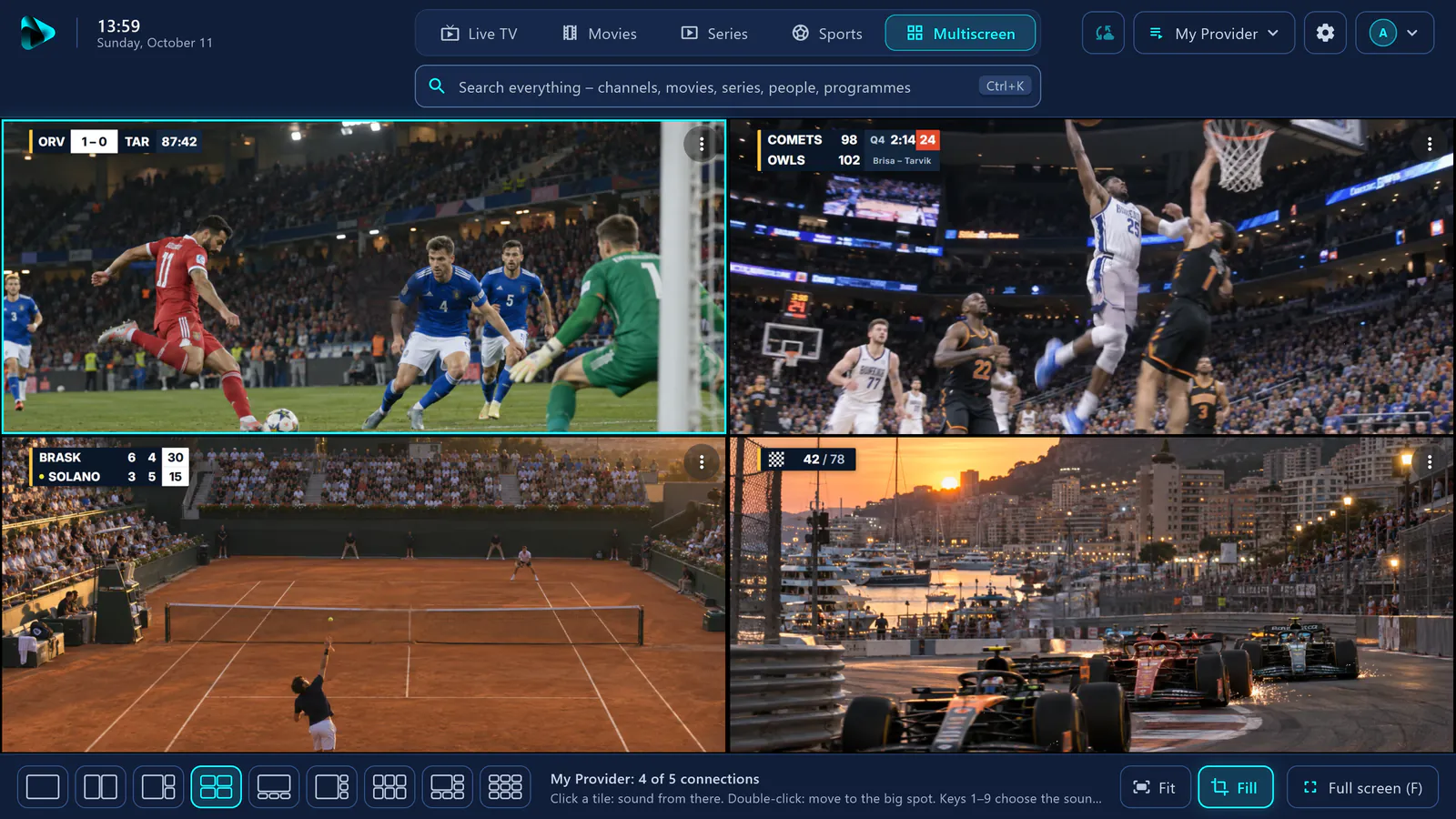 Multiscreen in visiv: four sports channels at once – football, basketball, tennis and motorsport.
