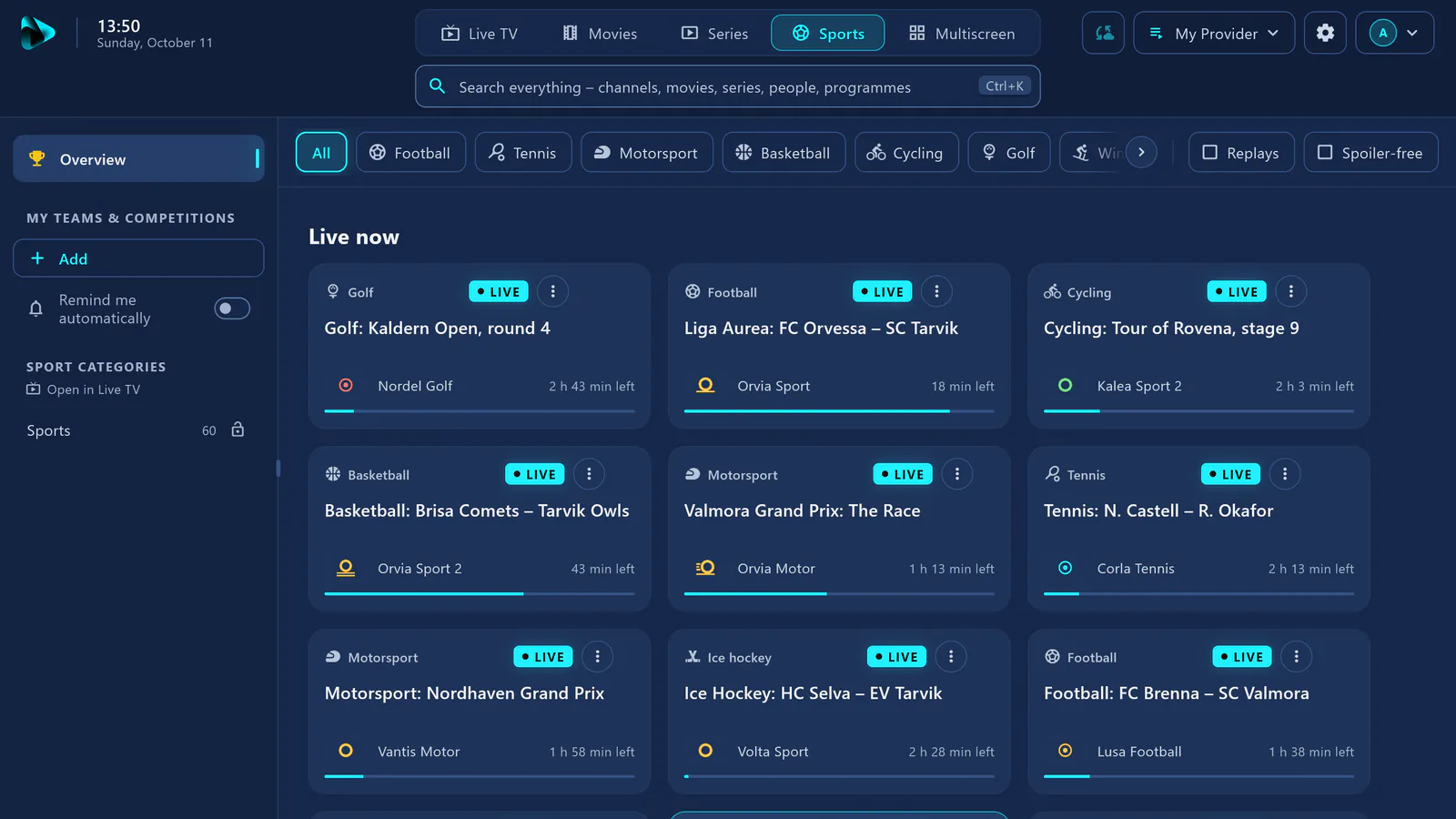 Sports in visiv: cards for every match that’s live right now – football, ice hockey, basketball, motorsport and more.
