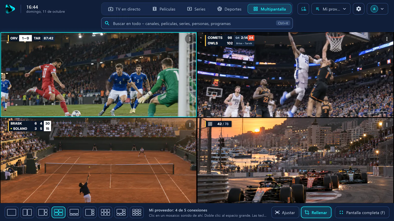 Multipantalla en visiv: cuatro canales deportivos a la vez: fútbol, baloncesto, tenis y motor.