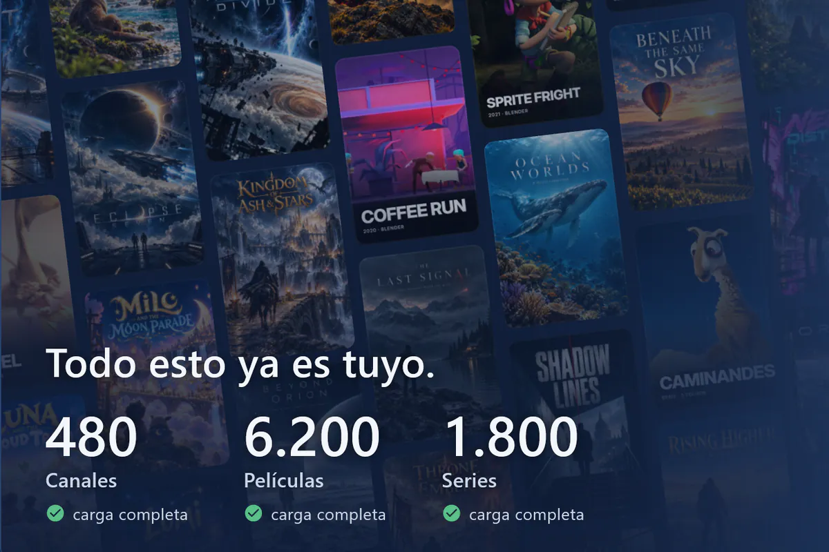 Tu visiv está listo: muro de pósteres, 480 canales, 6200 películas y 1800 series cargados (fuente de demostración).