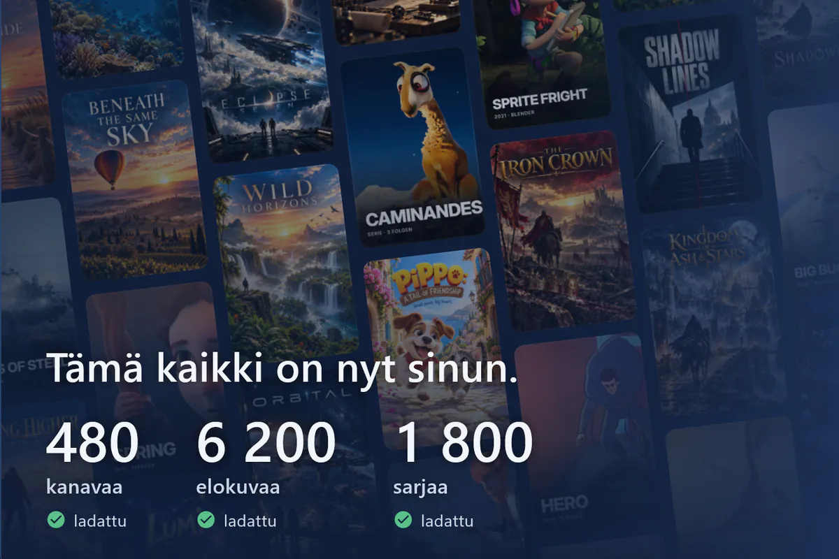 visiv on valmis: julisteseinä, 480 kanavaa, 6200 elokuvaa ja 1800 sarjaa ladattu (demolähde).