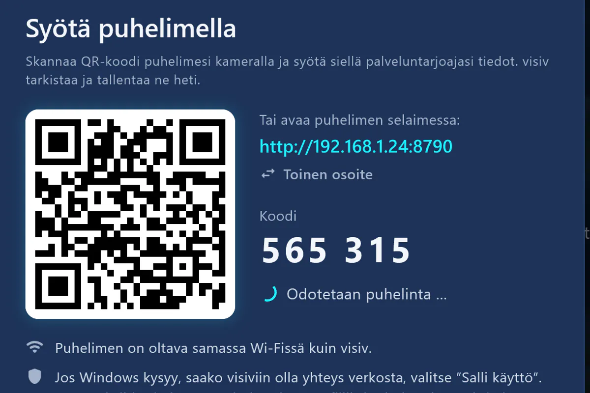 ”Syötä puhelimella”: skannaa QR-koodi, syötä koodi – visiv odottaa puhelinta.