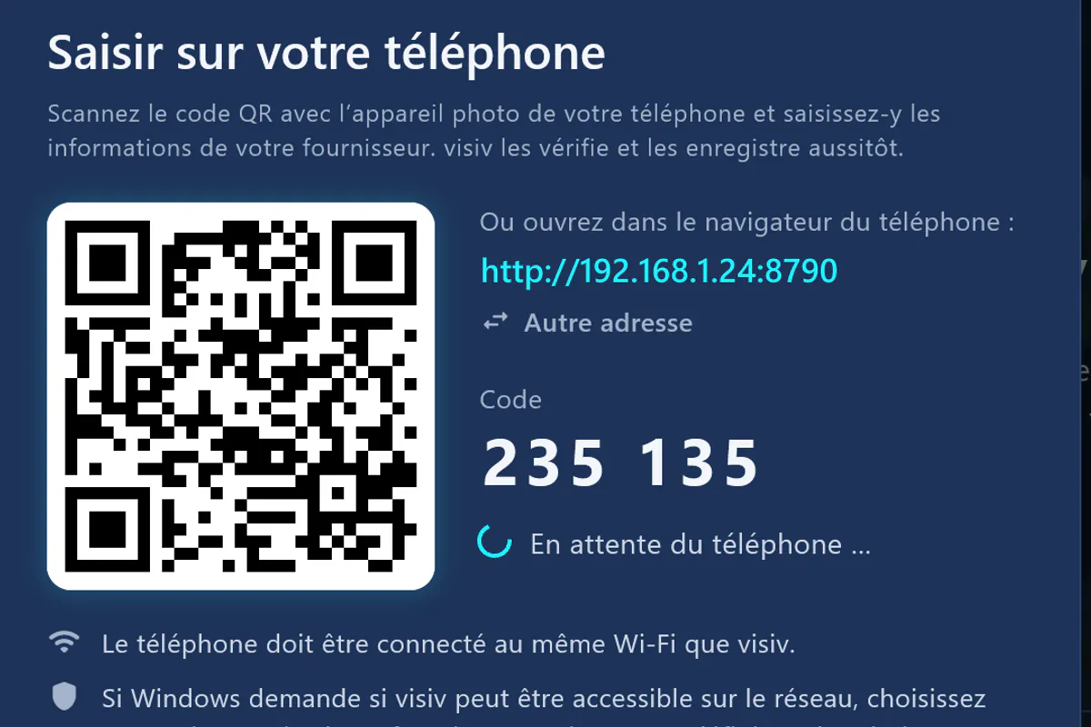 « Saisir sur votre téléphone » : scanner le QR code, saisir le code – visiv attend le téléphone.