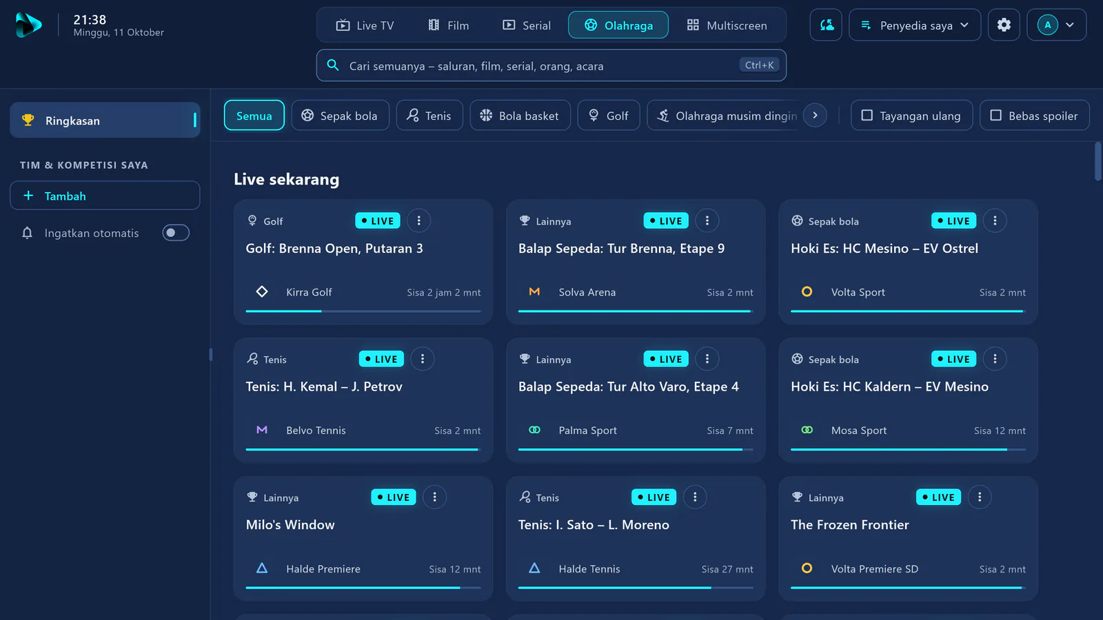Olahraga di visiv: kartu semua pertandingan yang sedang live – sepak bola, hoki es, bola basket, balap, dan lainnya.