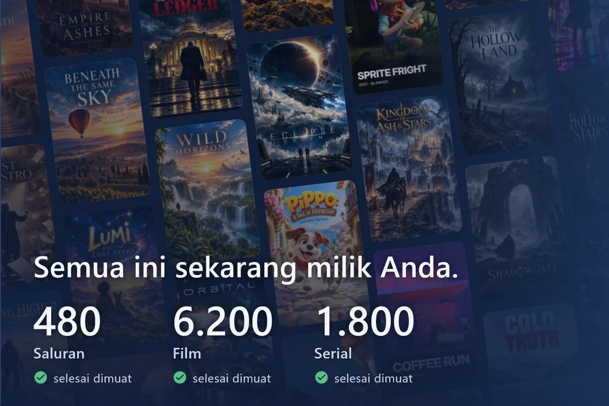 visiv Anda siap: dinding poster, 480 saluran, 6200 film, dan 1800 serial dimuat (sumber demo).