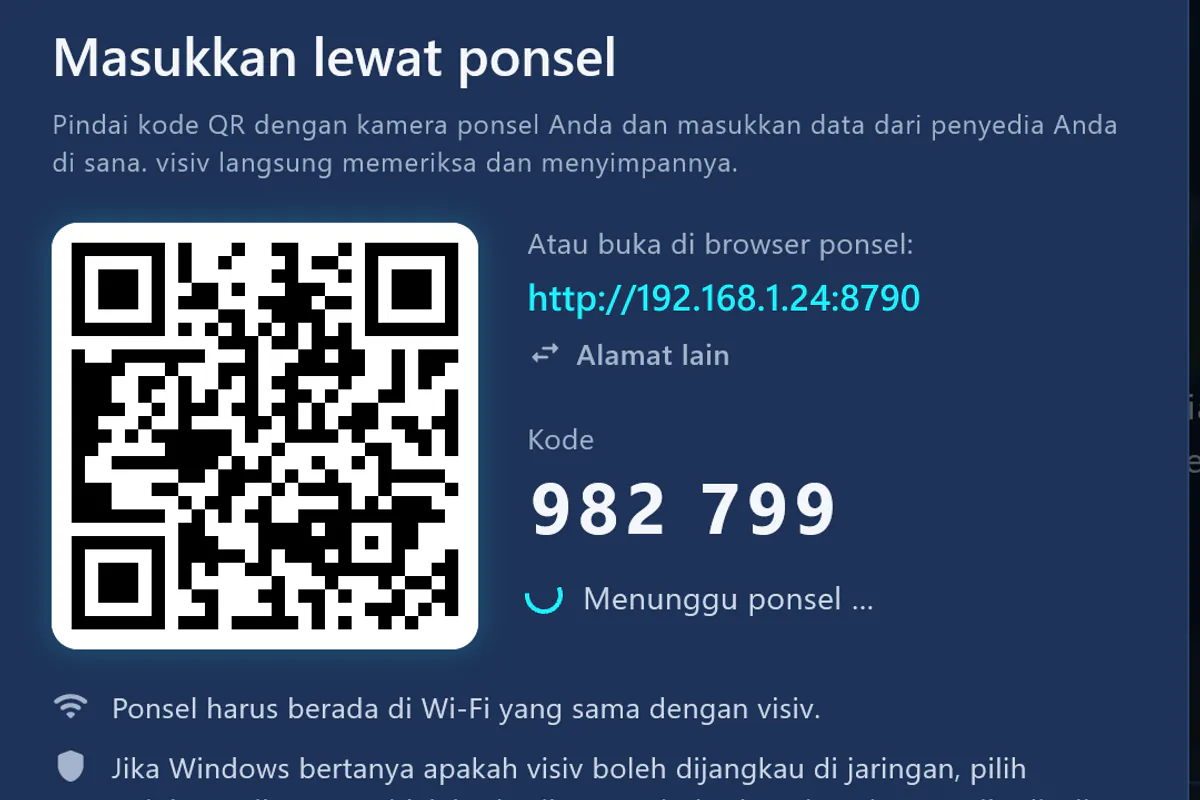 Masukkan lewat ponsel: pindai kode QR, masukkan kode – visiv menunggu ponsel.