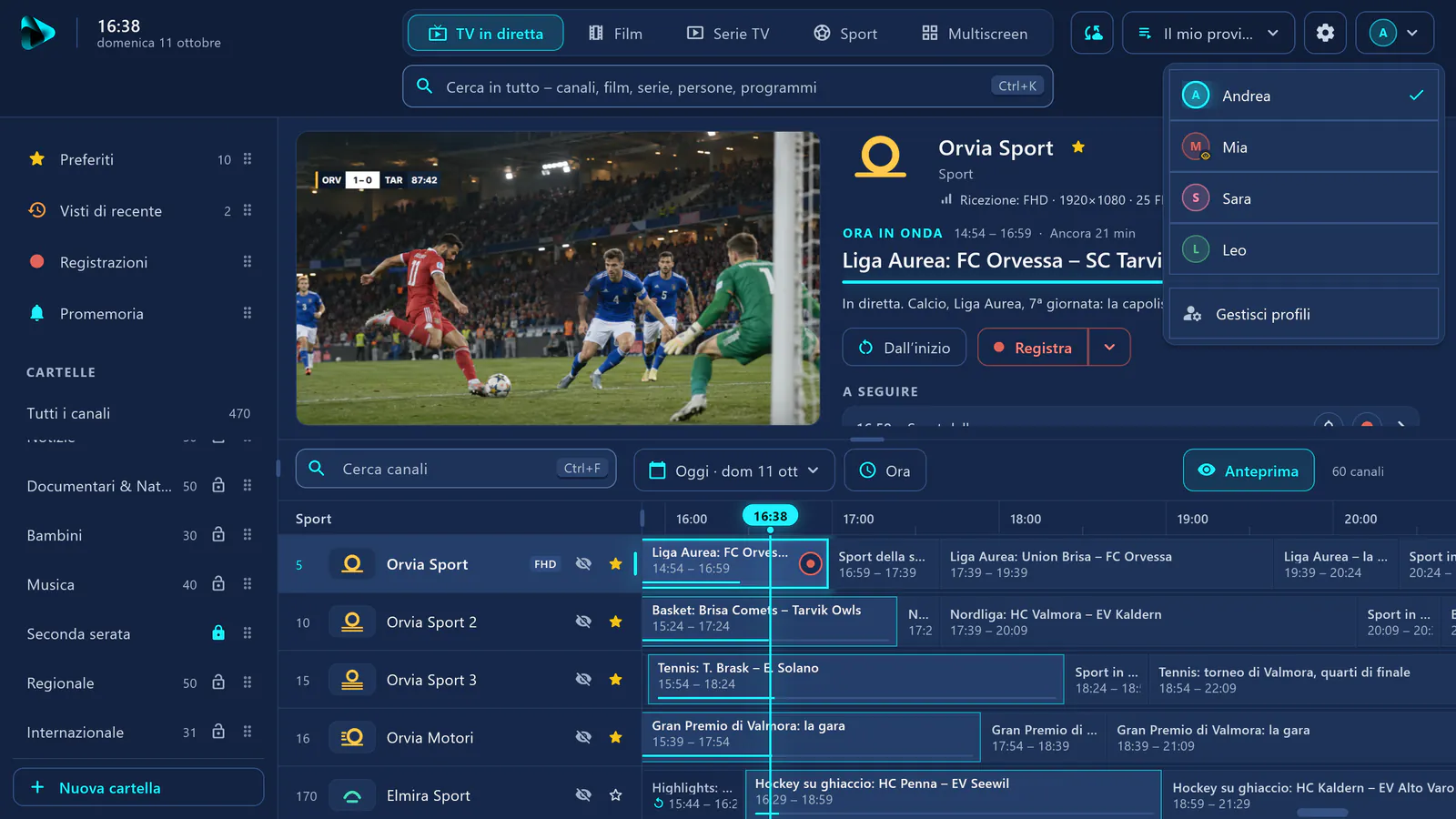 TV in diretta in visiv: menu dei profili con quattro profili, a sinistra nella barra laterale la cartella bloccata «Seconda serata» con il lucchetto.
