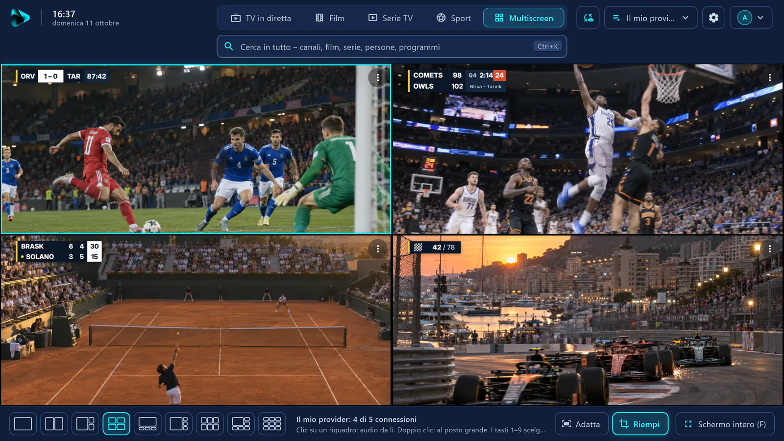 Multiscreen in visiv: quattro canali sportivi in contemporanea – calcio, basket, tennis e motorsport.