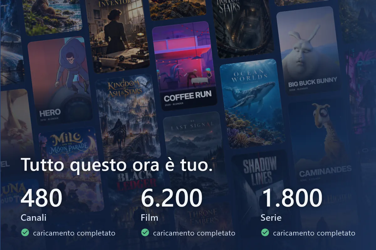 Il tuo visiv è pronto: parete di locandine, 480 canali, 6200 film e 1800 serie caricati (sorgente demo).