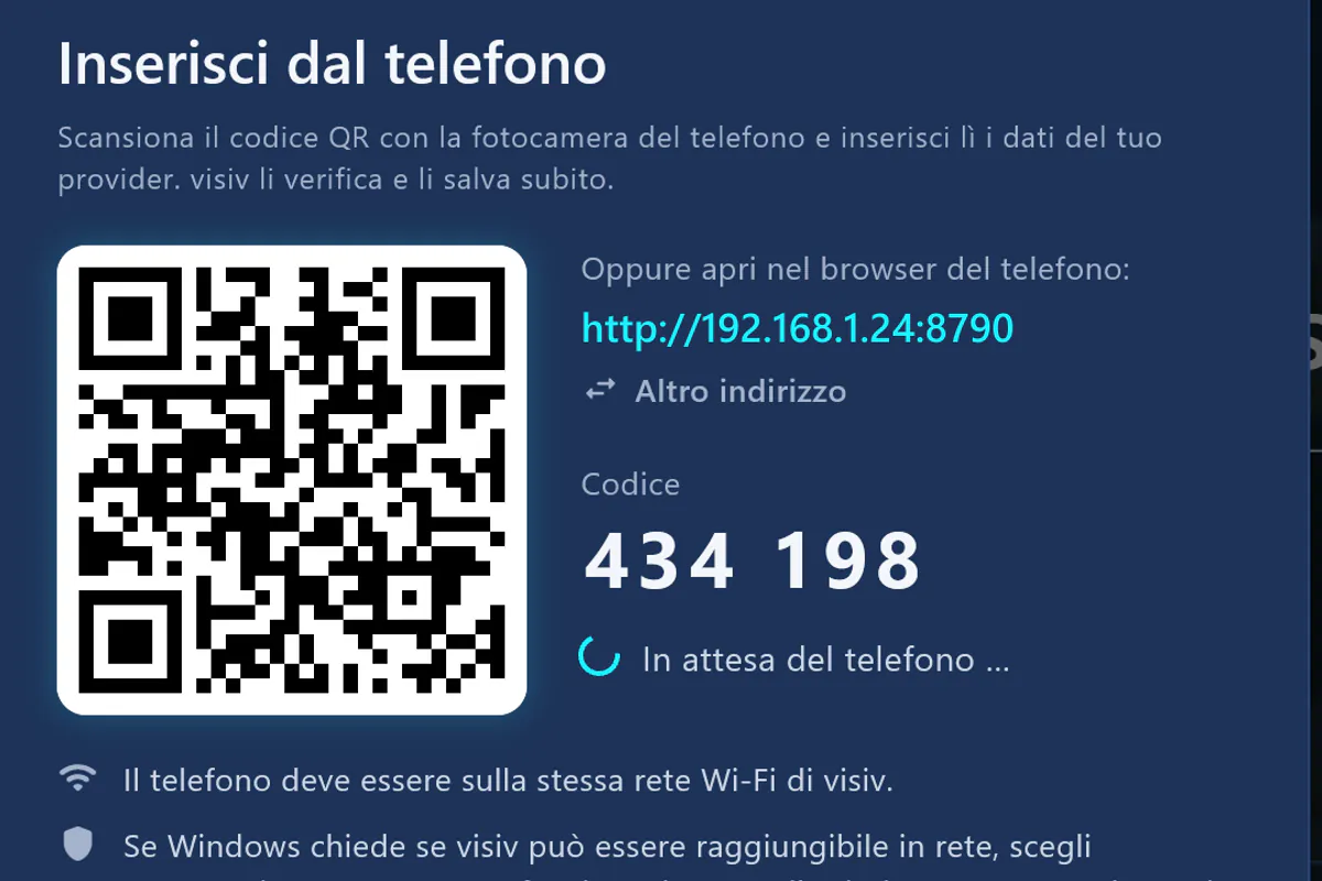 «Inserisci dal telefono»: scansiona il codice QR, inserisci il codice – visiv aspetta il telefono.