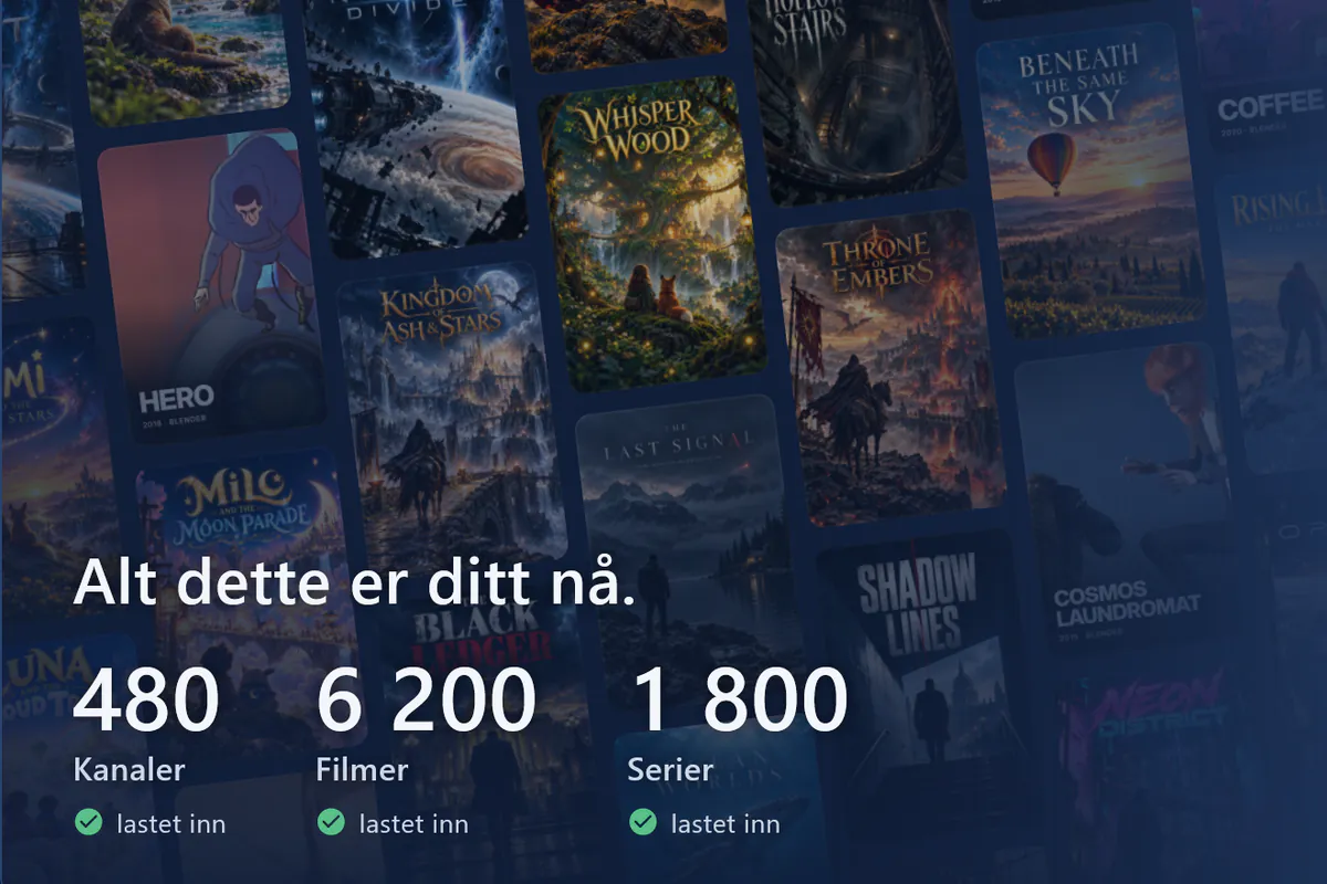 visiv er klar: vegg med plakater, 480 kanaler, 6200 filmer og 1800 serier lastet inn (demokilde).