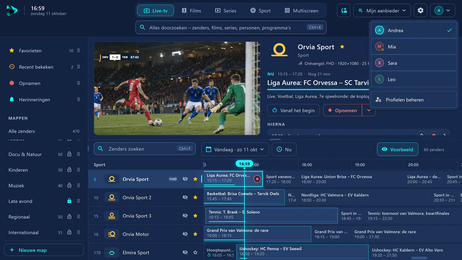 Live-tv in visiv: profielmenu met vier profielen, links in de zijbalk de vergrendelde map ‘Late avond’ met een slotje.