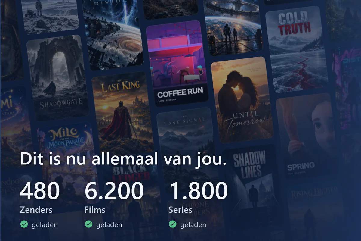Je visiv is klaar: wand met posters, 480 zenders, 6200 films en 1800 series geladen (demobron).