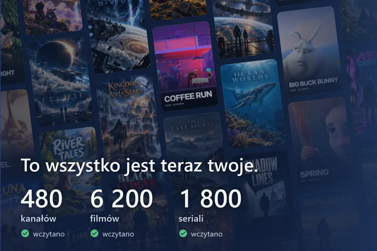visiv jest gotowy: ściana plakatów, wczytano 480 kanałów, 6200 filmów i 1800 seriali (źródło demo).