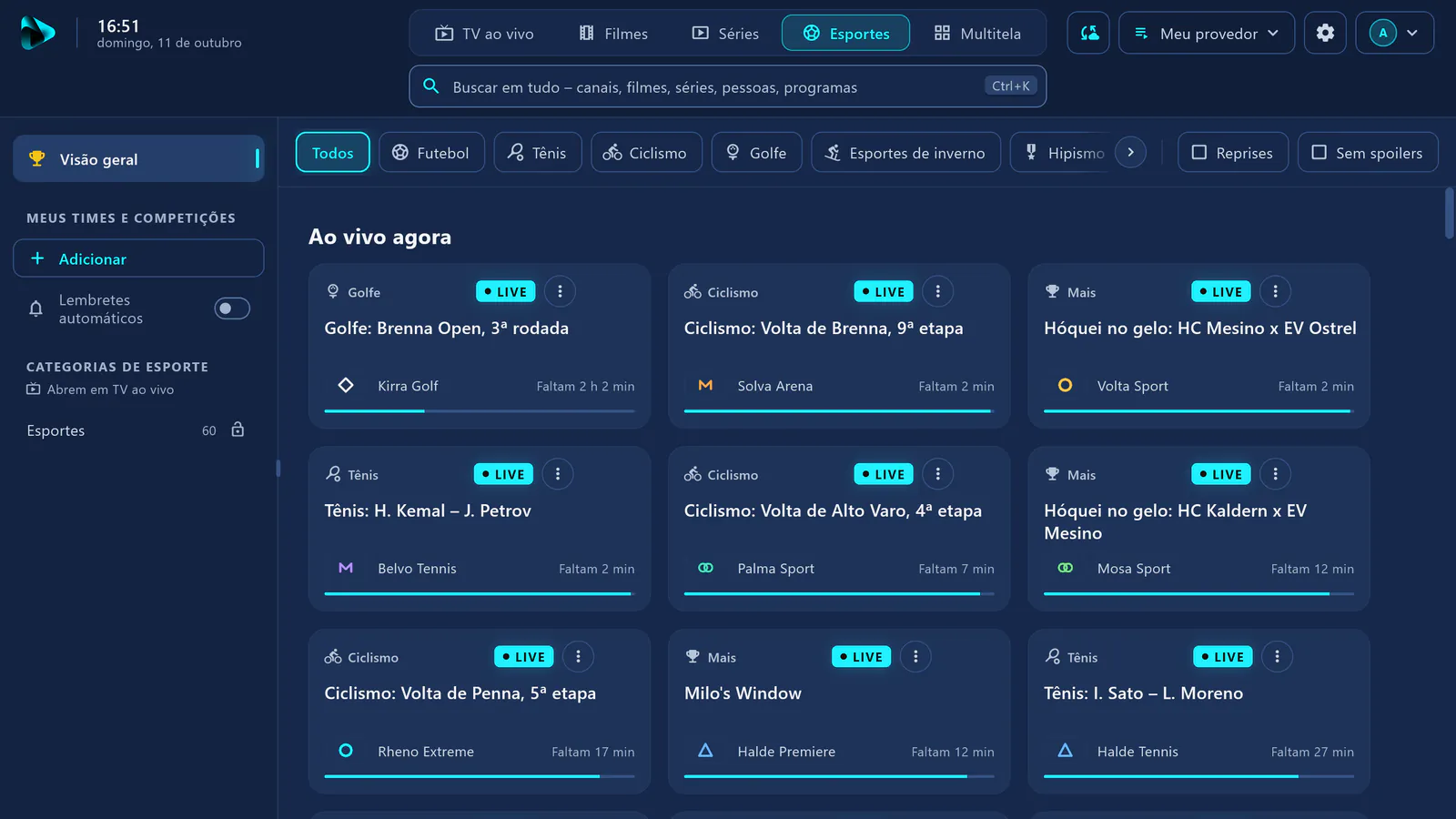 Esportes no visiv: cards de todos os jogos ao vivo agora – futebol, hóquei no gelo, basquete, automobilismo e mais.