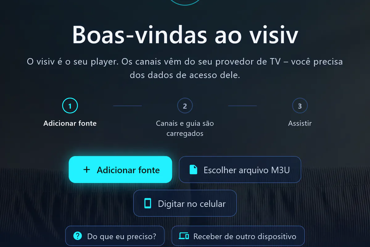 Boas-vindas do visiv: três passos – adicionar fonte, carregar canais e guia, assistir.