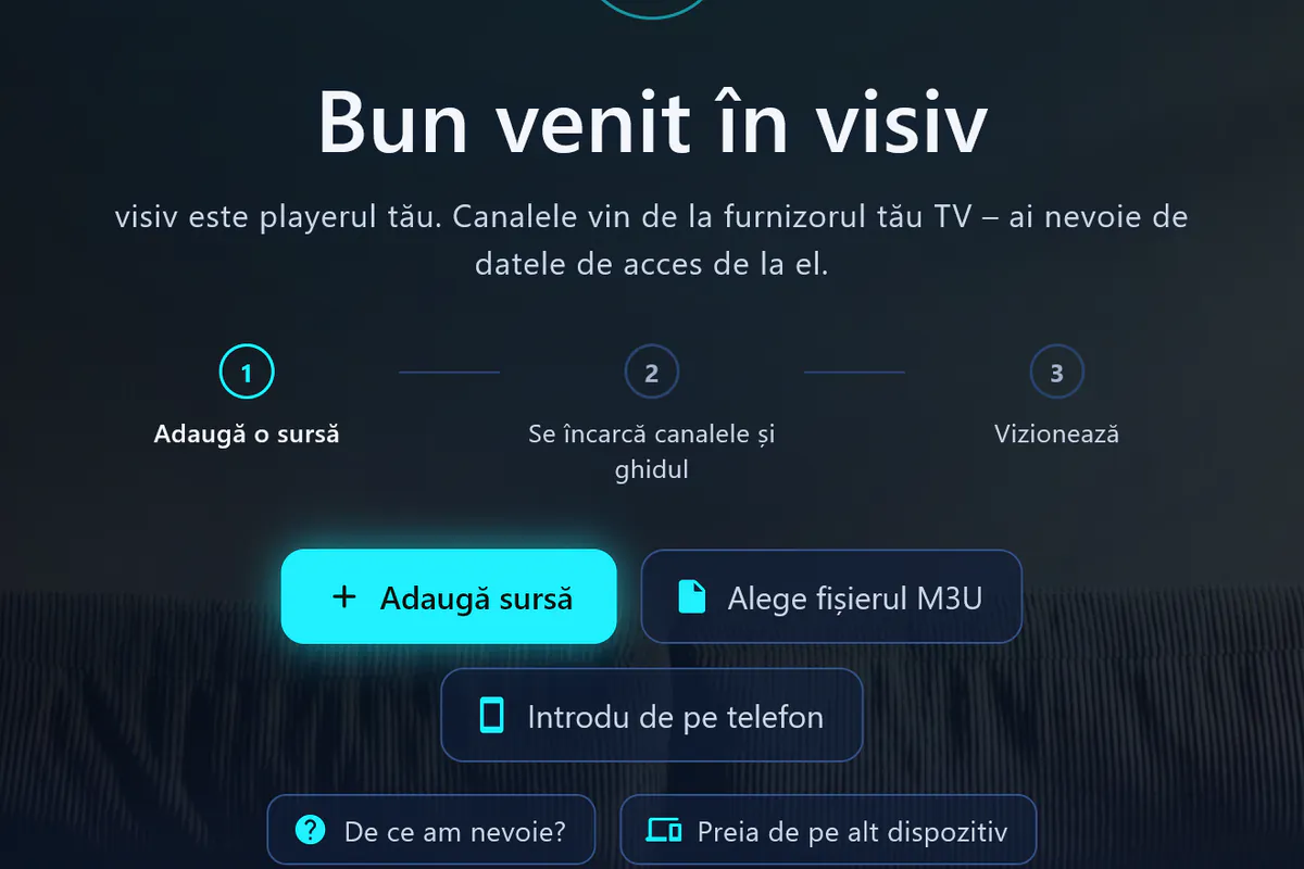 Bun venit în visiv: trei pași – adaugă o sursă, se încarcă canalele și ghidul, vizionează.