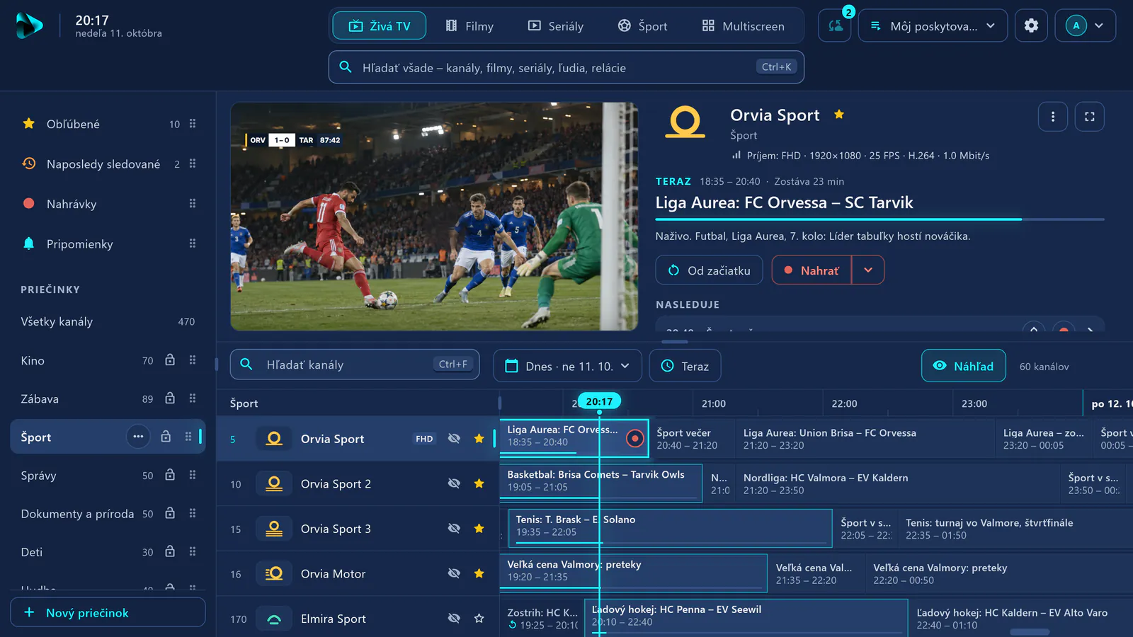 Živá TV v aplikácii visiv: priečinok Šport s prebiehajúcim futbalovým zápasom v náhľade, pod ním program športových kanálov.