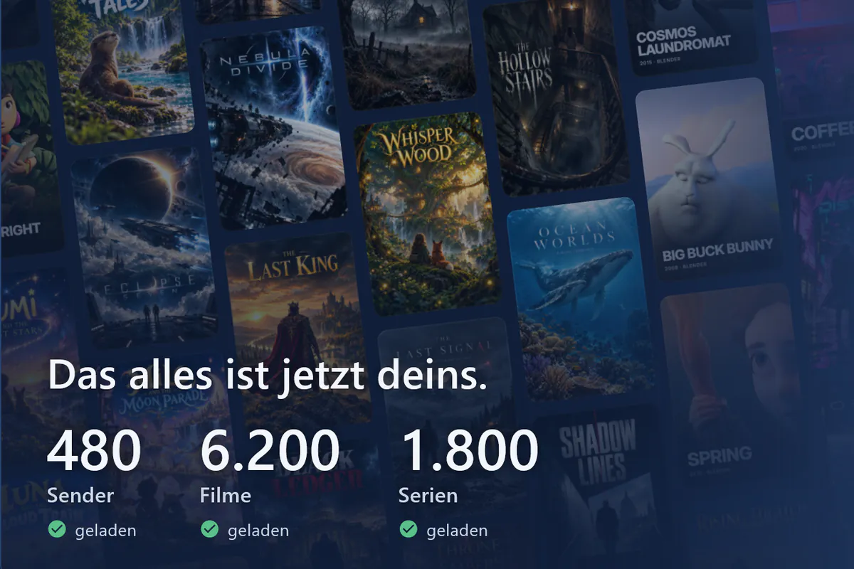 Dein visiv ist bereit: Wand mit Plakaten, 480 Sender, 6200 Filme und 1800 Serien geladen (Demo-Quelle).