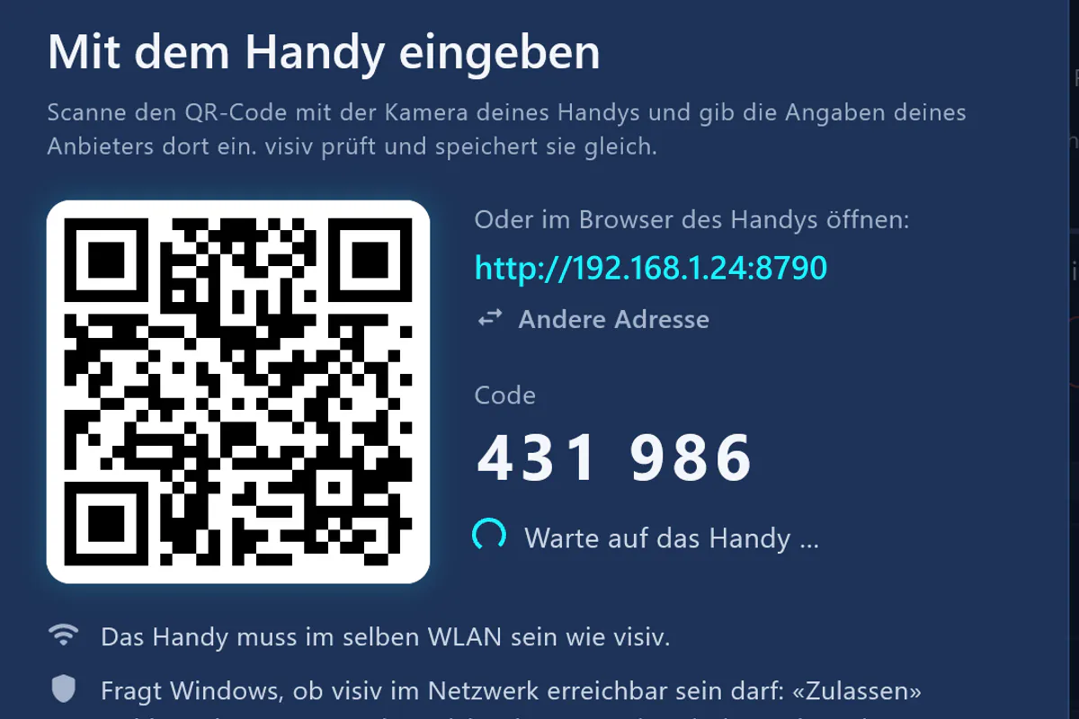 Mit dem Handy eingeben: QR-Code scannen, Code eingeben – visiv wartet auf das Handy.