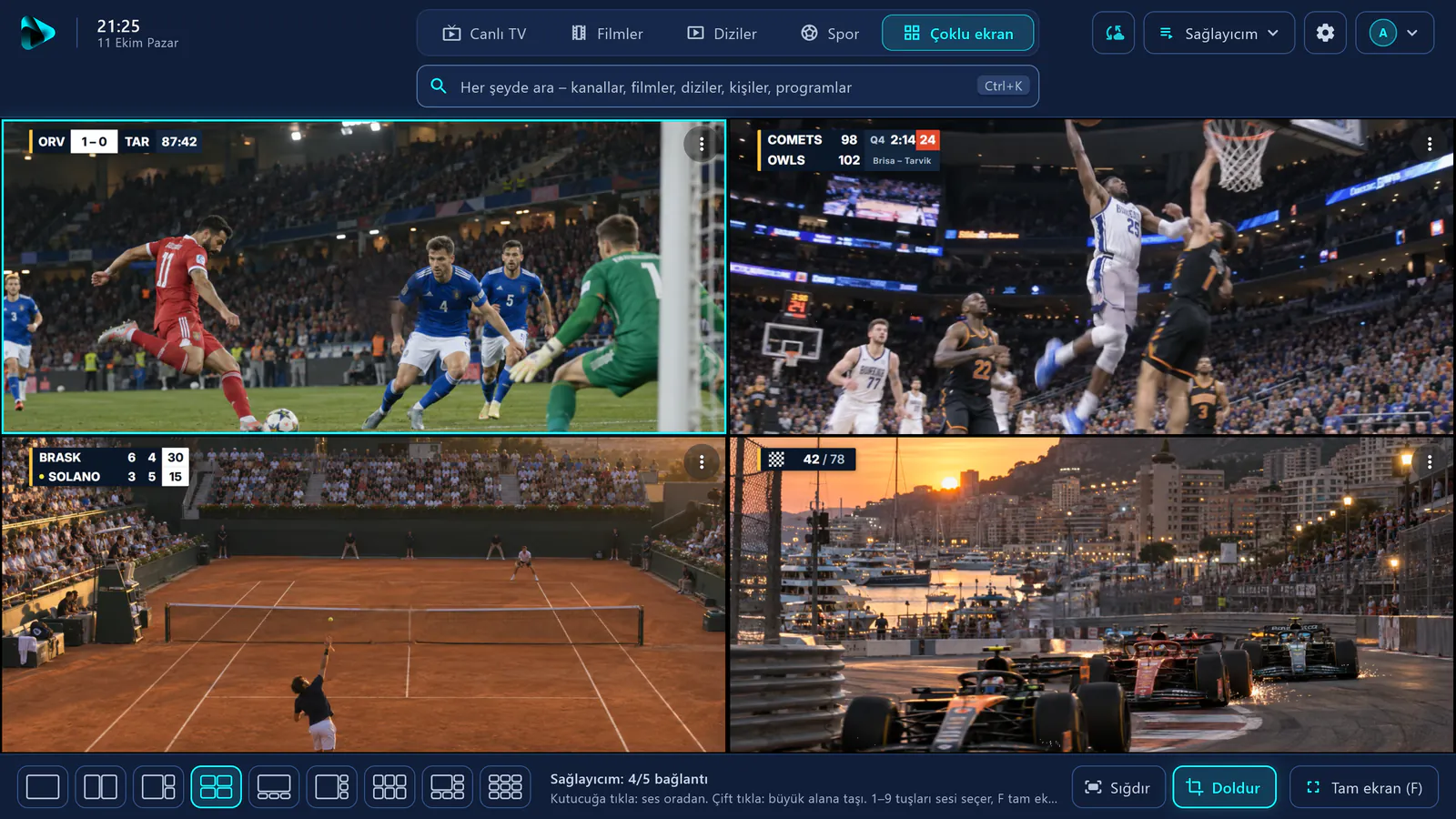 visiv’de çoklu ekran: aynı anda dört spor kanalı – futbol, basketbol, tenis ve motor sporları.