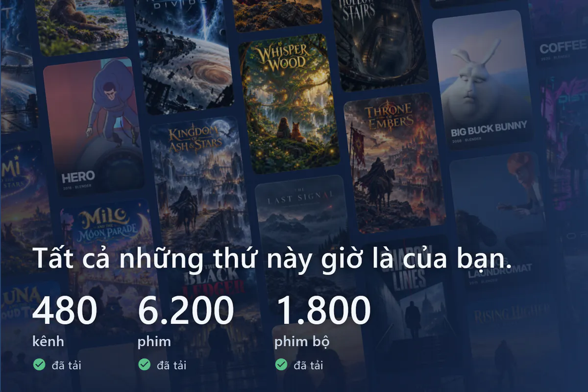 visiv của bạn đã sẵn sàng: bức tường áp phích, đã tải 480 kênh, 6200 phim và 1800 phim bộ (nguồn demo).