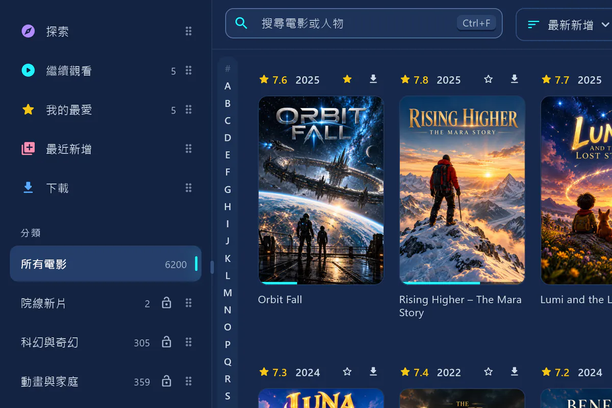 visiv 中的電影：「所有電影」共 6200 個項目，左側是各分類及其數量，旁邊是 A–Z 索引列和海報。