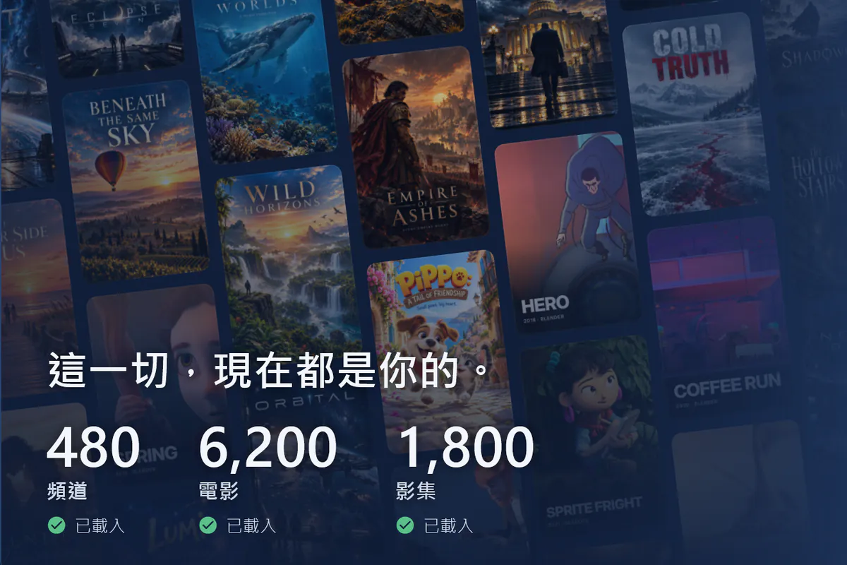 你的 visiv 已準備就緒：海報牆，已載入 480 個頻道、6200 部電影和 1800 部影集（示範來源）。