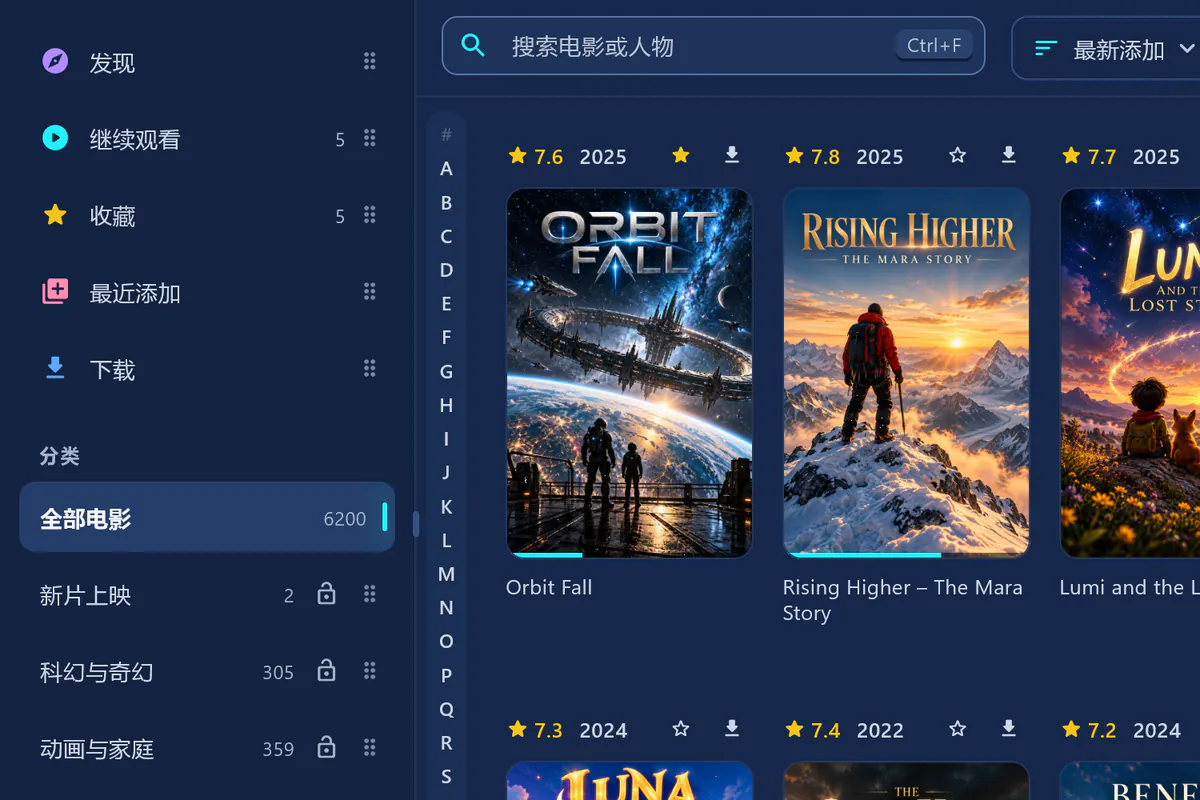 visiv 中的电影：“全部电影”共 6200 个条目，左侧是带数量的分类，旁边是 A–Z 索引栏和海报。