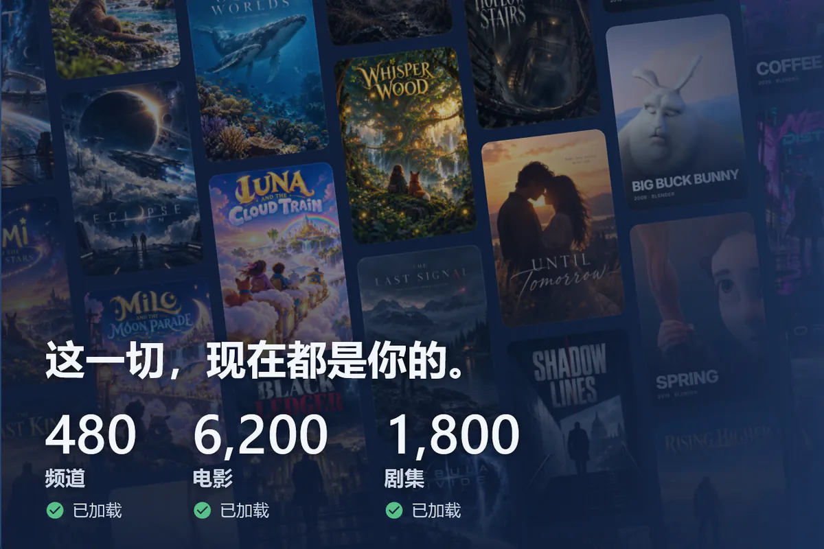 你的 visiv 已准备就绪：海报墙，已加载 480 个频道、6200 部电影和 1800 部剧集（演示来源）。